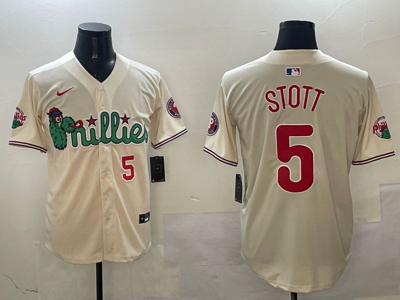 Men Philadelphia Phillies #5 Stott Cream Three generations Joint Name Game 2025 Nike MLB Jersey style 4->philadelphia phillies->MLB Jersey